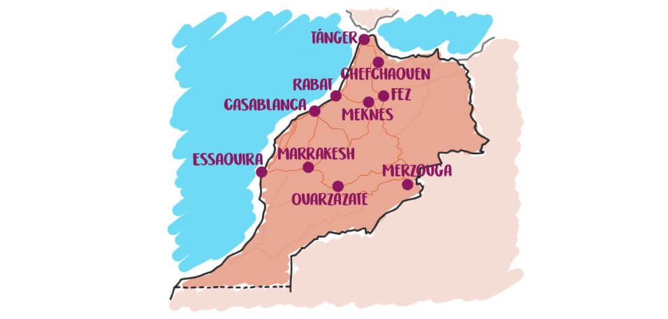 Mapa de los destinos en Marruecos para visitar
